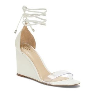 Vince Camuto White Lace-Up Wedge Sandals with Clear Strap